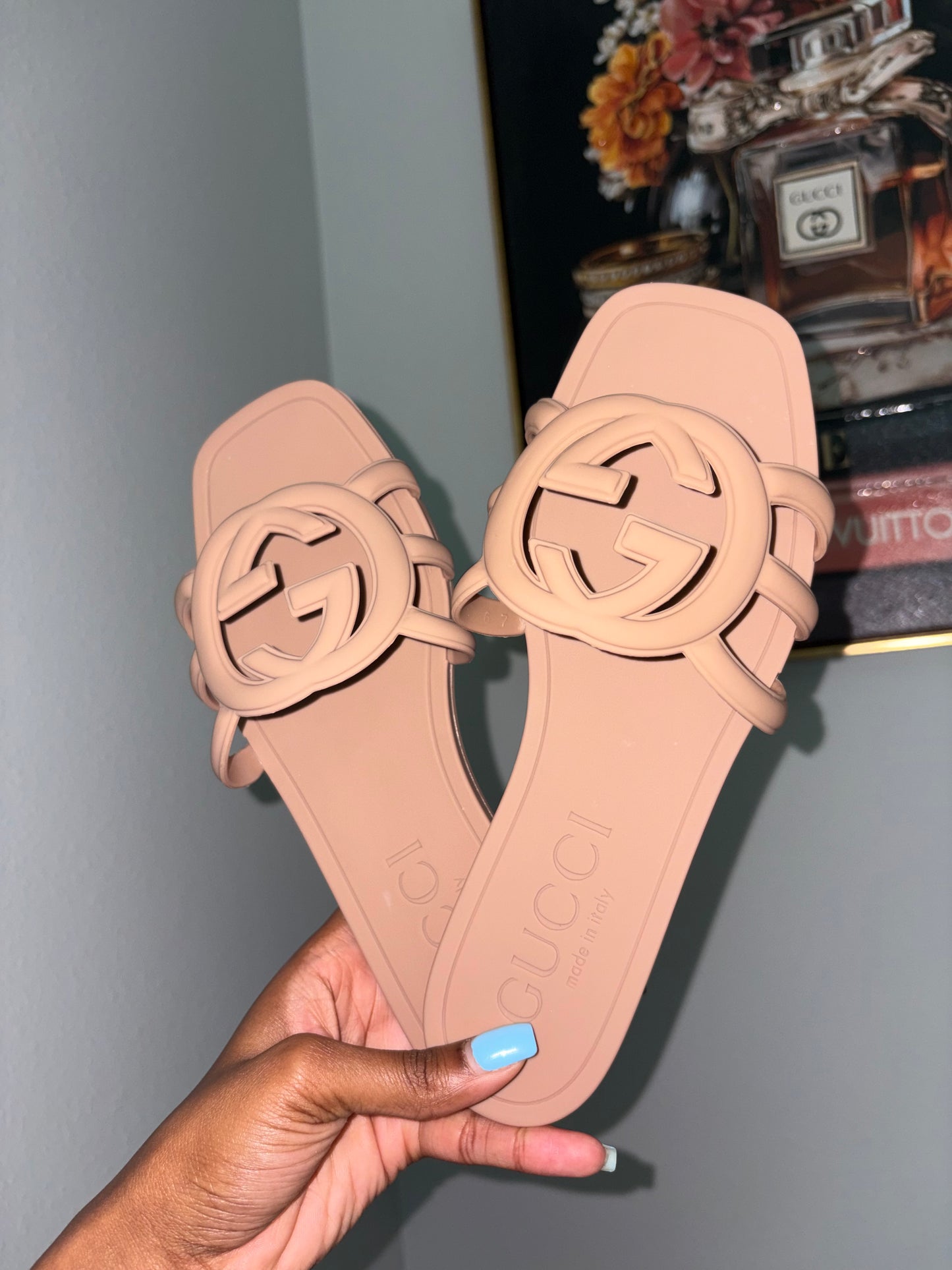 Tan GG interlock sandals